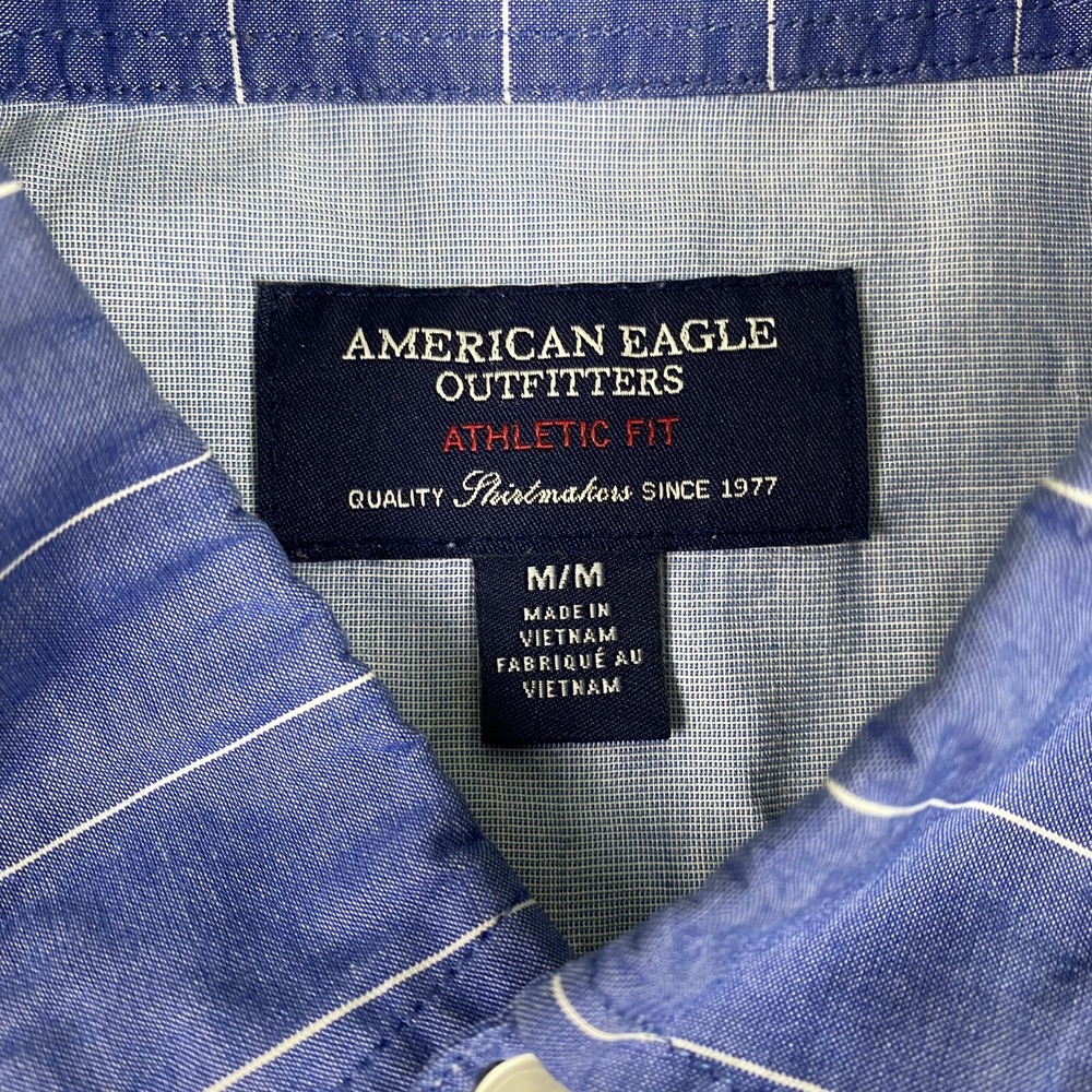 American Eagle Outfitters Shirt Men Medium Button Front Blue Stripe Athletic Fit - Picture 4 of 8